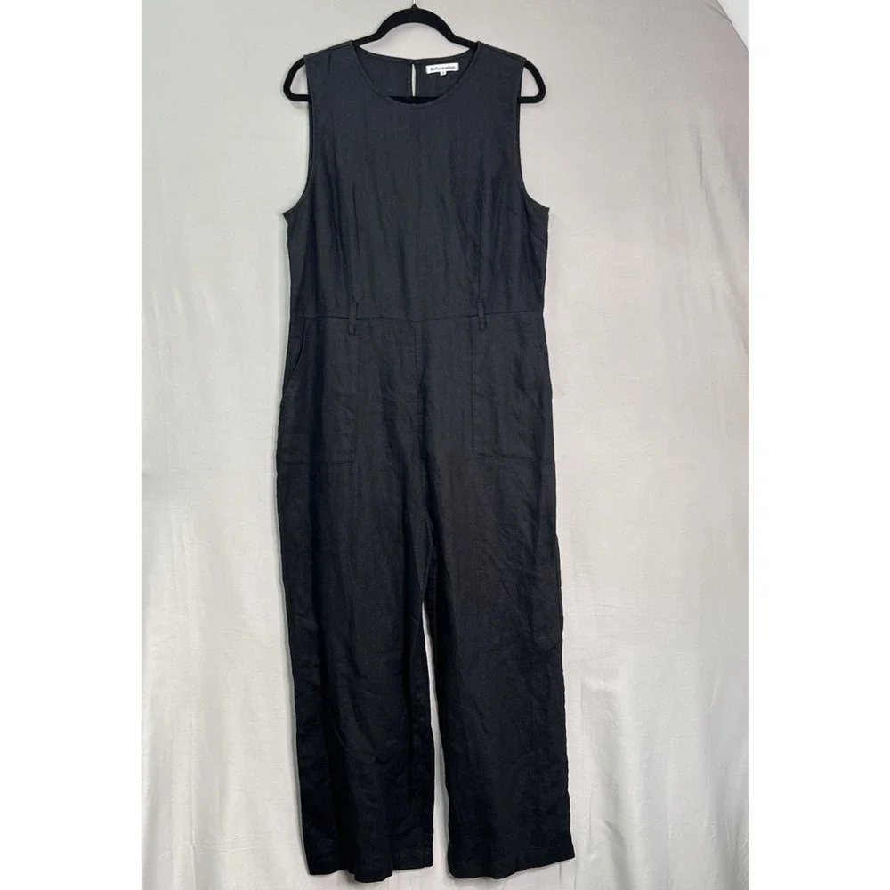 REFORMATION Naomi Linen Jumpsuit Black Women's Size 12 (Missing matching‎ belt)